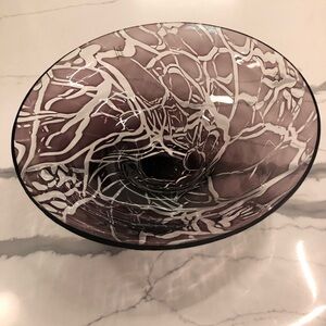 Sasaki Crystal Handcrafted Art Glass Bowl in Smoky Purple with Clear Swirl